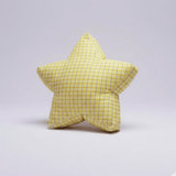 Superstar Crash Pad floor cushion with a classic yellow and white gingham checkered pattern. Large 36-inch star-shaped toddler seat on a clean, neutral studio background