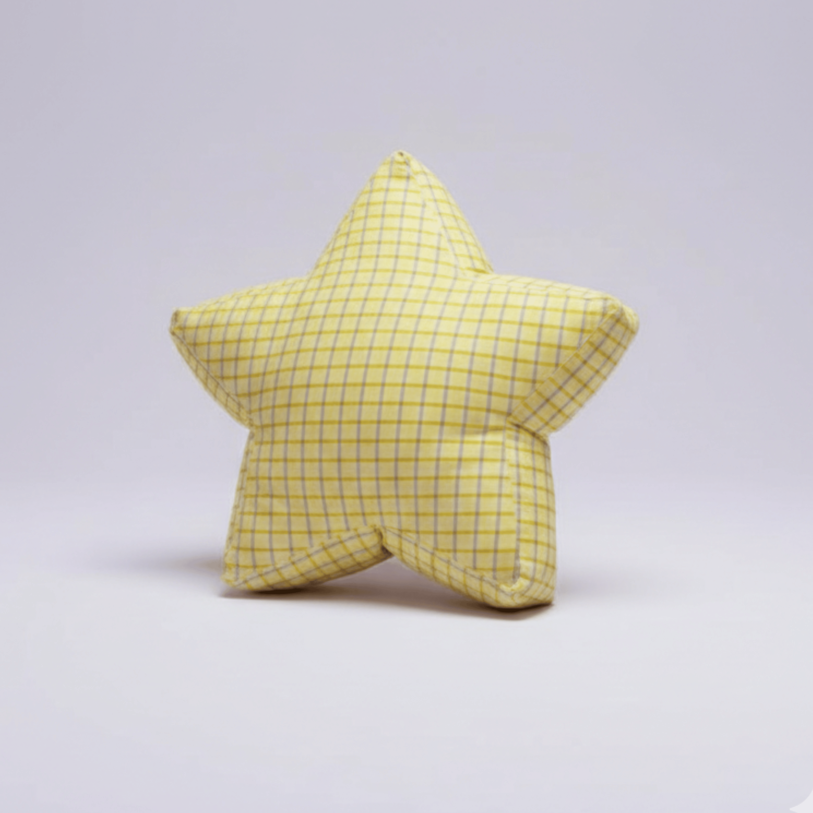 Superstar Crash Pad floor cushion with a classic yellow and white gingham checkered pattern. Large 36-inch star-shaped toddler seat on a clean, neutral studio background