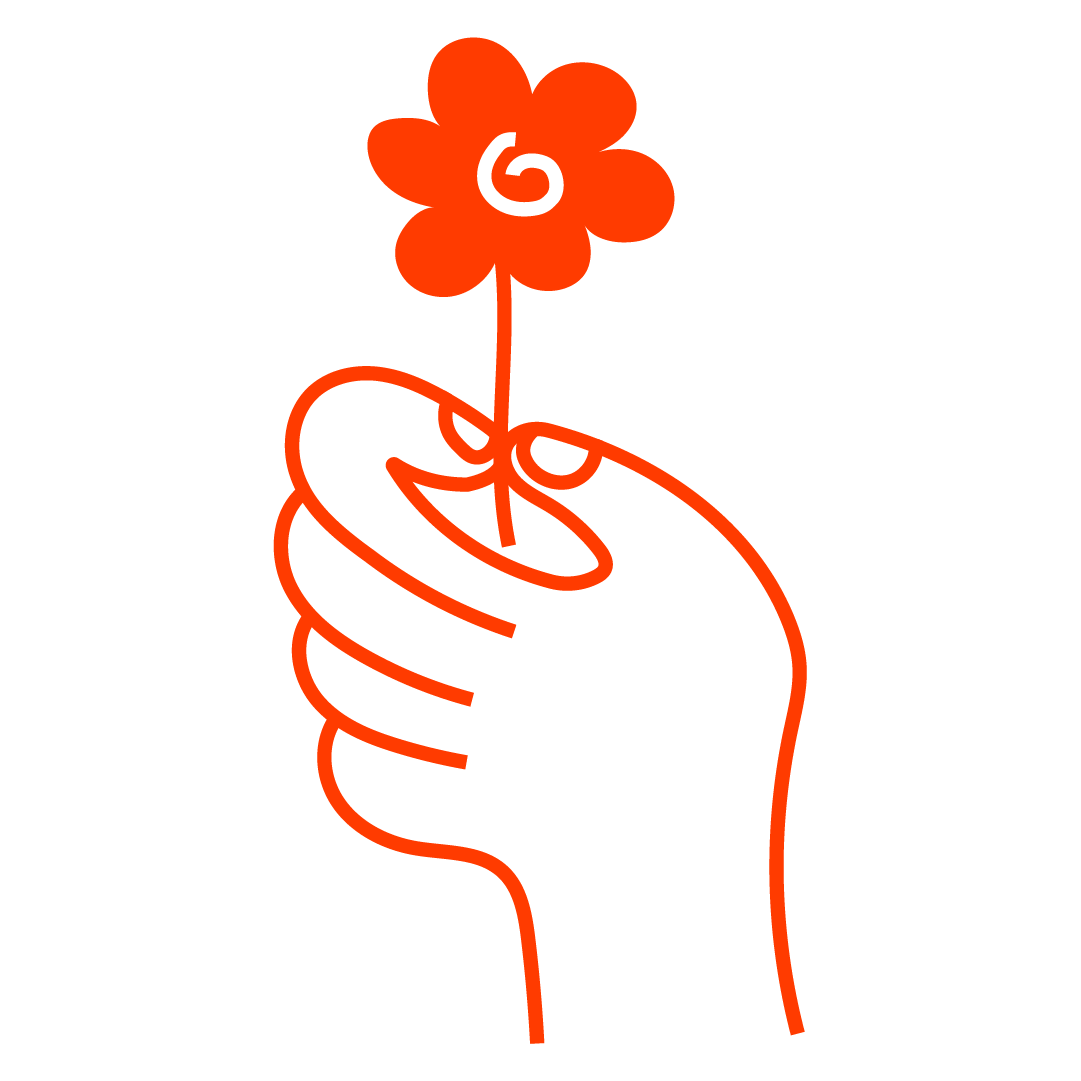 Red line drawing of a hand holding a flower on a white background